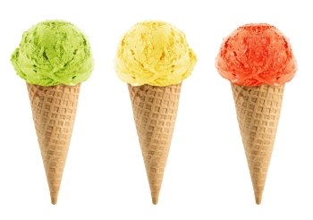 Green, yellow and red Ice cream in the cone on white background with clipping path.
