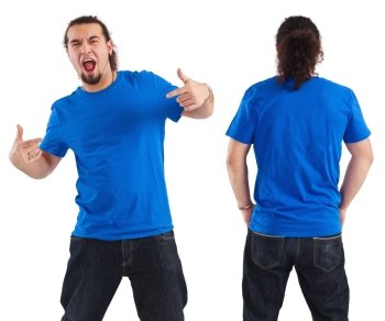 Photo of a male in his early thirties pointing at his blank blue shirt.  Front and back views ready for your artwork or designs.