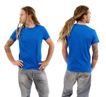 Photo of a male in his early thirties with long dreadlocks and posing with a blank blue shirt.  Front and back views ready for your artwork or designs.