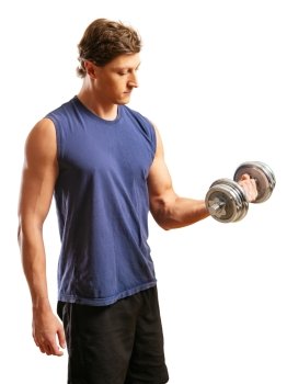 Photo of a man in his early thirties doing bicep curls with a dumbbell over a white background.