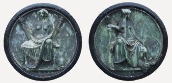 Two symbols showing women who represent friendship and peace. These bronze medallions are on the wrought iron main gates of the Peace Palace or Vredespaleis in The Hague, Netherlands. This building hosts the International Court of Justice.