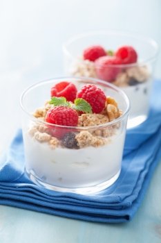 healthy breakfast with yogurt granola and raspberry 