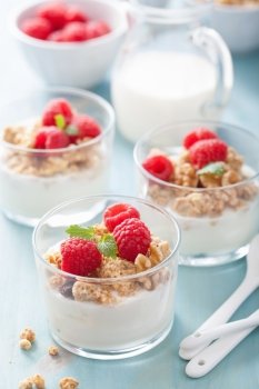 healthy breakfast with yogurt granola and raspberry 