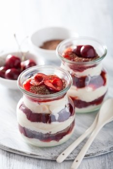 healthy dessert with creme fraiche jam and chocolate