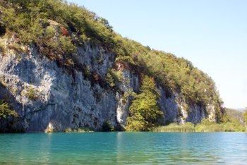 Rock and lake in Plitvice park, Croatia                 