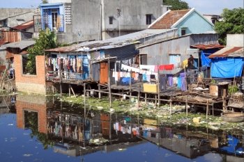 Houses and poverty in fishing village in Nha Trang, Vietnam