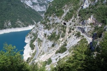 Two roads and tunnel near Piva lake in Montenegro