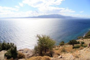 Strait Edermit and island Lesbos from Assos, Turkey