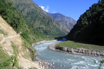 Footpath and mountain river in Nepal