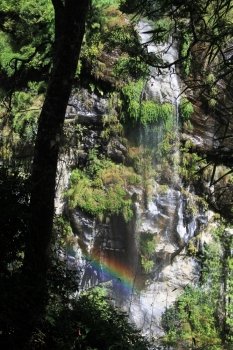 Waterfall and rainbow in the forest mountain, Nepal