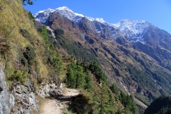 Footpath and snow mountain in Nepal