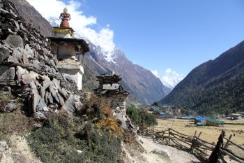 Way near buddhist stupas in village in Nepal