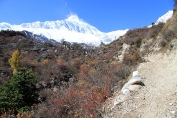 Rocky footpath and Manaslu mount in Nepal