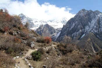 Footpath and mountain near Samagoon in Nepal