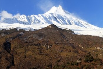 Peak of Manaslu with snow and forest in Nepal