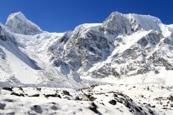 Snow peaks on mount Manaslu in Nepal