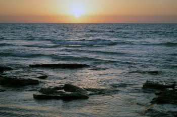 Sunset on the Mediterranean coast of Israel                               