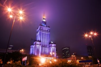 Warsaw, Poland downtown skyline at night. The Palace of Culture and Science -Palac Kultury i Nauki