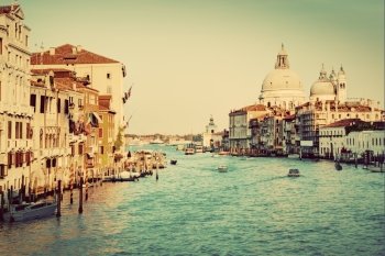 Venice, Italy. Grand Canal and Basilica Santa Maria della Salute in the afternoon. Vintage, retro style.
