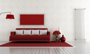 modern red and with lounge with couch and vertical radiator - rendering