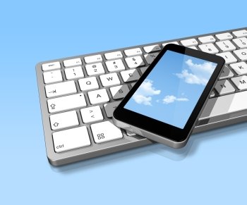 3D render of mobile phone with sky screen on a computer keyboard. Isolated on blue. mobile phone on a computer keyboard