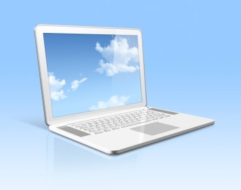 3D white laptop computer with sky in screen isolated on blue with 2 clipping path : one for global scene and one for the screen. White laptop computer with sky screen isolated on blue