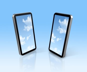 sky on two three dimensional connected mobile phones - screens clipping path. sky on two mobile phones