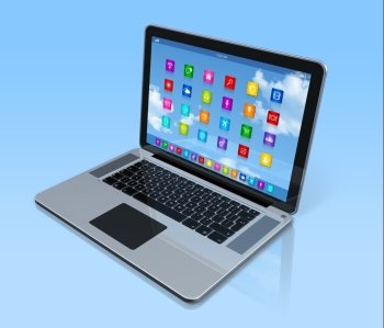 3D Laptop Computer - apps icons interface - isolated with clipping path. Laptop Computer - apps icons interface
