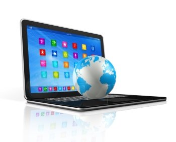 3D Laptop Computer and World Globe - apps icons interface - isolated on white with clipping path. Laptop Computer and World Globe