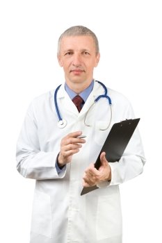 Friendly doctor with clipboard and pen looking at camera