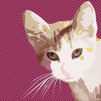 comic style drawing of a cat over a pop art retro background
