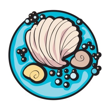 hand drawn graphic illustration of a shell and some snails under the sea, clip art isolated on white