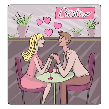 Valentine’s Day, dating or honeymoon retro card, cartoon illustration of two lovers at the bistro flirting and drinking wine