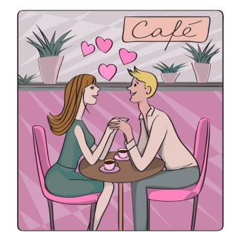 Valentine’s Day, dating or honeymoon retro card, cartoon illustration of two lovers at the cafe flirting and drinking coffee
