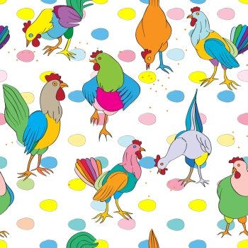 Hens and roosters seamless pattern, hand drawn illustration of colored farm birds on a background with eggs