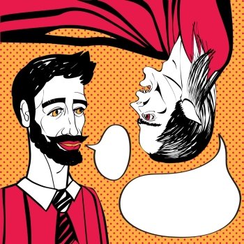 Hand drawn illustration of a man and an upside down vampire talking, funny Pop Art comic scene with speech bubble on an orange background with dots
