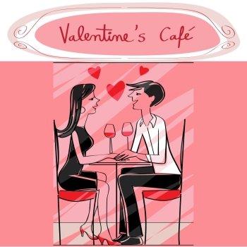 Hand drawn illustration of two lovers at the cafe, talking and drinking wine, pink Valentine’s Day card