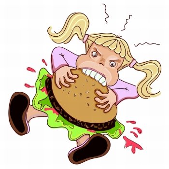 Angry girl eating hamburger over white background, hand drawn vector illustration