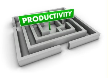 Productivity concept with labyrinth and green goal sign on white background.