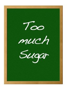 Isolated blackboard with Too much sugar.