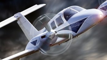 Close up of a private aircraft flying through stormy weather