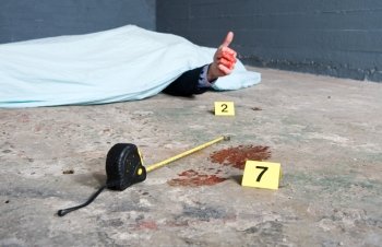 Crime scene investigation with a touch of humor, showing a footprint and a body giving a thumbs-up.
