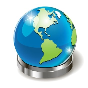 illustration, brilliant blue globe on metallic stand