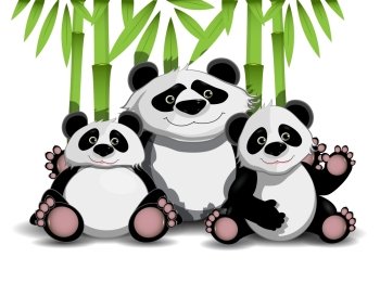 Illustration of family of three pandas and bamboo