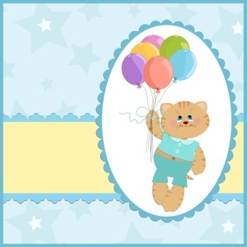 Baby’s greetings card with cat and flying balloons