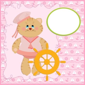 Baby’s postcard with sailor cat in pink colors
