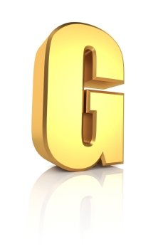 G letter. Gold metal letter on reflective floor. White background. 3d render