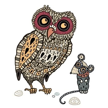 Decorative Owl and  Mouse. Funny cartoon illustration.