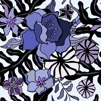Abstract exotic flowers. Seamless pattern vector illustration.