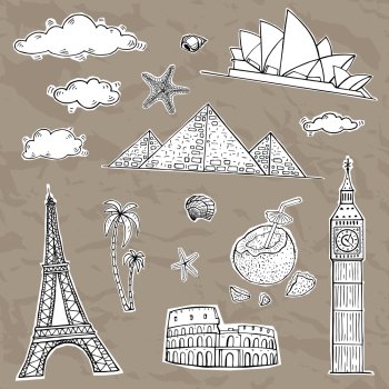 Travel and tourism labels collection. Vector hand drawn illustration.
